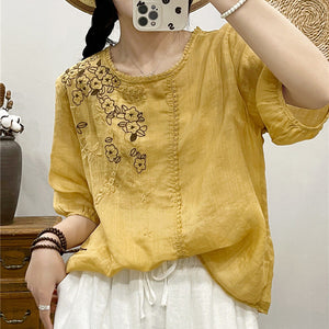 Áo T-shirt linen ngắn tay cổ tròn đính ren thêu hoa lá - NU9997