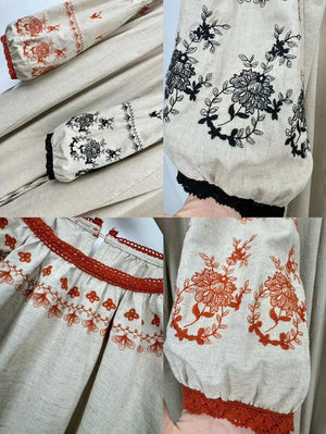 Đầm liền linen Morigirl dài tay cổ tròn thêu retro  - NU10334