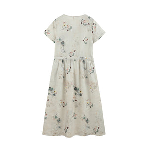 Đầm liền linen hoa lá ngắn tay cổ V vạt chéo eo thắt dây - NU10023