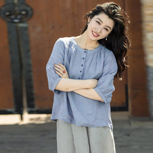 Áo sơ mi linen ngắn tay cổ tròn xếp ly - NU9978