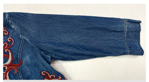 Đầm liền denim tay lửng cổ V khuy cài thêu hoa văn retro - NU9370