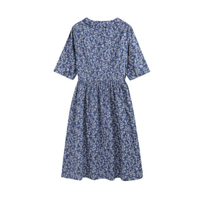 Đầm liền linen ngắn tay cổ pipi in hoa lá chiết eo - NU10022