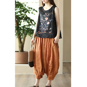 Áo T-shirt linen sát nách cổ tròn thêu tranh - NU8700