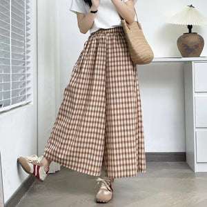 Quần baggy linen lưng thun ống rộng kẻ caro hai túi chéo - NU10159