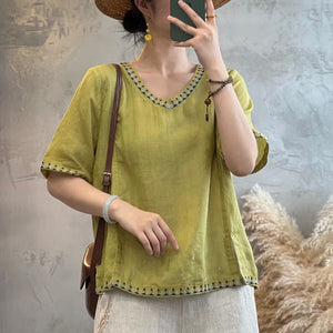 Áo T-shirt linen ngắn tay cổ V thêu bo viền - NU10071