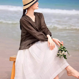 Áo sơ mi linen dài tay cổ V kiểu nhiều khuy cài - NU9053