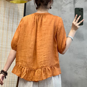 Áo sơ mi linen ngắn cổ tròn xếp ly thêu hoa lá - NU9773