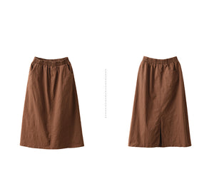 Chân váy linen lưng thun hai túi xẻ vạt sau - V077