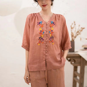 Áo sơ mi linen ngắn tay cổ V thêu hoa lá khuy tròn - NU10059