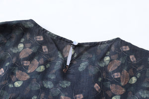 Đầm liền linen ngắn tay cổ tròn in những chiếc lá - NU9900