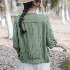 Áo sơ mi linen ngắn tay cổ V thêu mùa hè - NU10043