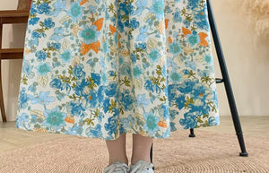 Chân váy linen lưng thun hai túi in hoa lá retro - V080