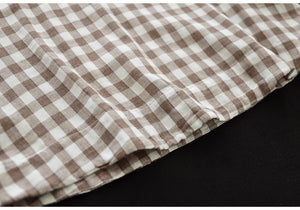 Áo T-shirt linen ngắn tay cổ đứng kẻ caro - NU8992