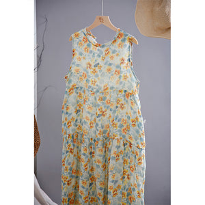 Đầm liền linen sát nách cổ tròn in hoa lá - NU8967