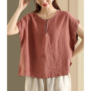 Áo T-shirt linen sát nách cổ tròn khuy cài form rộng - NU9052