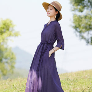 Đầm liền linen ngắn tay cổ V xếp ly eo thắt dây - NU10414
