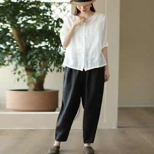 Áo sơ mi linen ngắn tay cổ tròn thêu hoa lá đồng màu - NU9850