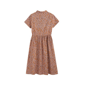 Đầm liền linen ngắn tay cổ đức in hoa liti túi chéo khuy cài - NU10032