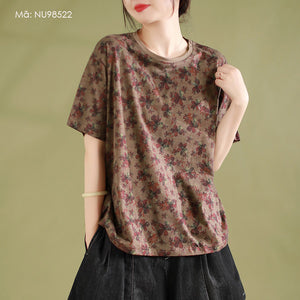 Áo T-shirt dệt kim ngắn tay cổ tròn in hoa lá - NU9852
