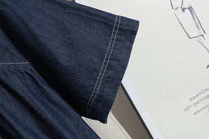 Đầm liền denim ngắn tay xòe cổ tròn khuy cài - NU10374