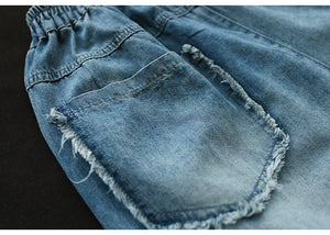 Quần baggy lửng denim lưng thun vá hình ảnh retro - NU8829