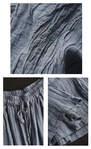 Quần baggy linen lưng cao thun in màu nước retro - Q003