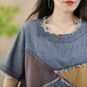 Bộ đồ gồm áo T-shirt ngắn tay và quần baggy denim kiểu chắp vá - NU8802