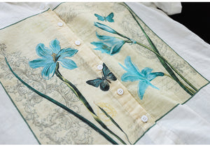 Áo sơ mi linen ngắn tay cổ đức in hoa loa kèn - NU8806