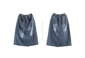 Chân váy denim lưng thun thêu hoa lá hia túi ngang - NU10150