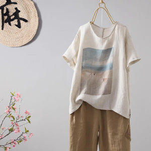 Áo T-shirt linen ngắn tay cổ tròn in phong cảnh - NU8770