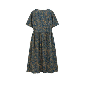 Đầm liền linen ngắn tay cổ V in hoa lá retro chiết eo - NU10033