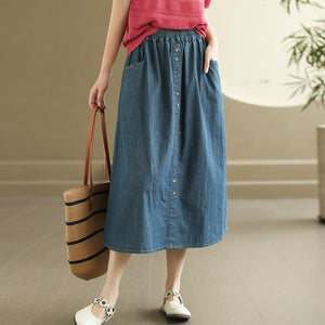 Chân váy denim lưng thun đính khuy đôi túi sau - NU10270