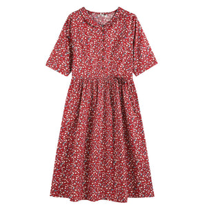 Đầm liền linen ngắn tay cổ pipi in hoa lá liti - NU10018