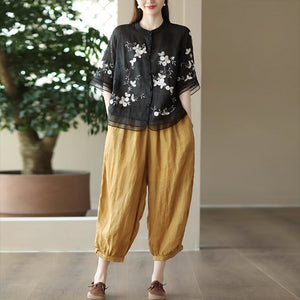 Áo sơ mi organza ngắn tay cổ tròn thêu hoa lá - A010