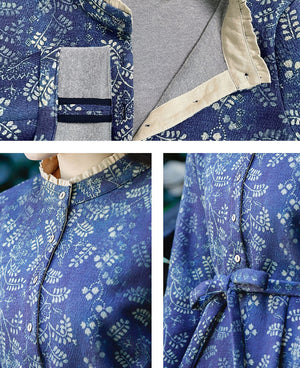 Đầm liền linen dài tay cổ đứng khuy cài in hoa lá - NU9507