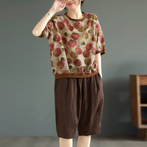 Áo T-shirt linen ngắn tay cổ tròn in hoa lá bo viền - A763