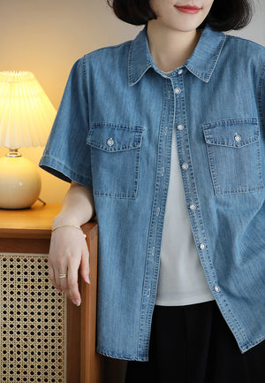Áo sơ mi denim ngắn tay cổ đức hai túi - NU10069