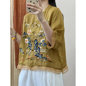Áo sơ mi linen ngắn tay cổ tròn chữ V thêu hoa lá - NU8831