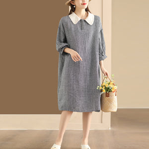 Đầm liền linen ngắn tay cổ cánh sen kẻ caro - NU10189