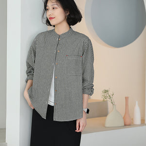 Áo sơ mi linen dài tay cổ đứng kẻ sọc caro - NU9837