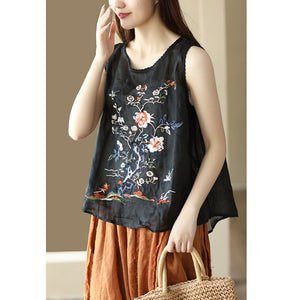 Áo T-shirt linen sát nách cổ tròn thêu tranh - NU8700