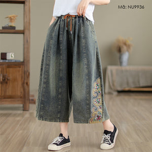 Quần baggy denim lưng thun ống rộng thêu sóng retro - NU9936