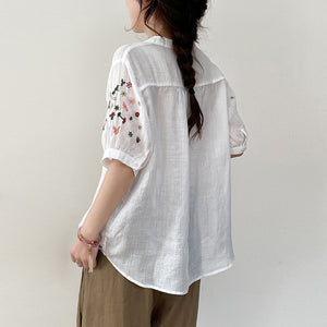 Áo sơ mi linen ngắn tay cổ V thêu hoa lá đối xứng - NU10157