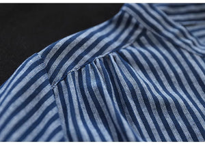 Đầm liền linen ngắn tay cổ V kẻ sọc eo kiểu thắt dây - D045