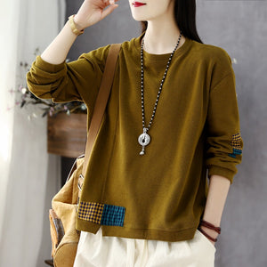 Áo T-shirt nỉ dài tay cổ tròn kiểu chắp vá caro - NU9387