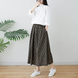 Chân váy linen retro lưng thun túi chéo in hoa liti - V012