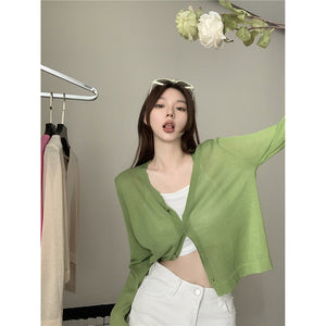 Áo khoác cardigan len dệt kim dài tay cổ V bốn khuy - NU9114