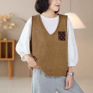 Áo len đan retro sát nách cổ V một túi nhỏ - NU9196