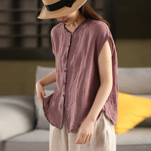 Áo sơ mi linen sát nách cổ tròn xếp ly - A812