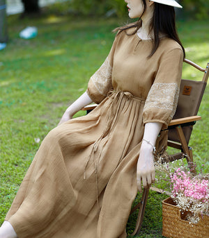 Đầm liền linen ngắn tay cổ tròn một khuy thêu hoa văn - NU8785